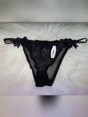 NWT Adore Me Black Lace String Bikini Panty With Bow Accents